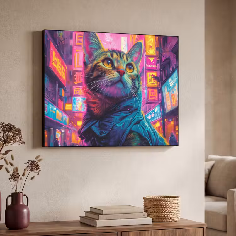 Kat - Pop art - China - Neon - Stad Textielframe - compleet frame klein -sfeer3