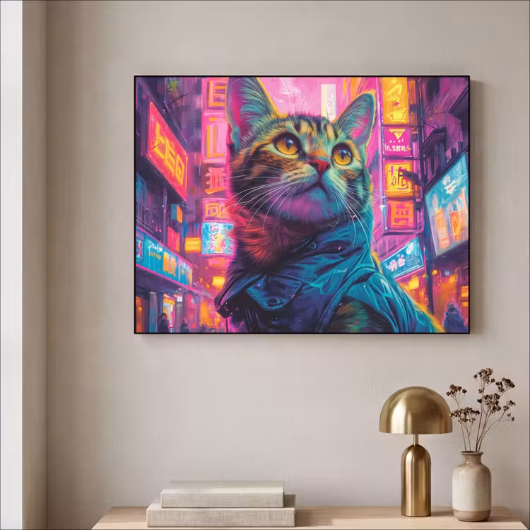 Kat - Pop art - China - Neon - Stad Textielframe - compleet frame klein -sfeer2