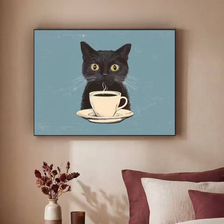 Kat - Zwart - Koffie - Minimalistisch Textielframe - compleet frame klein -sfeer1