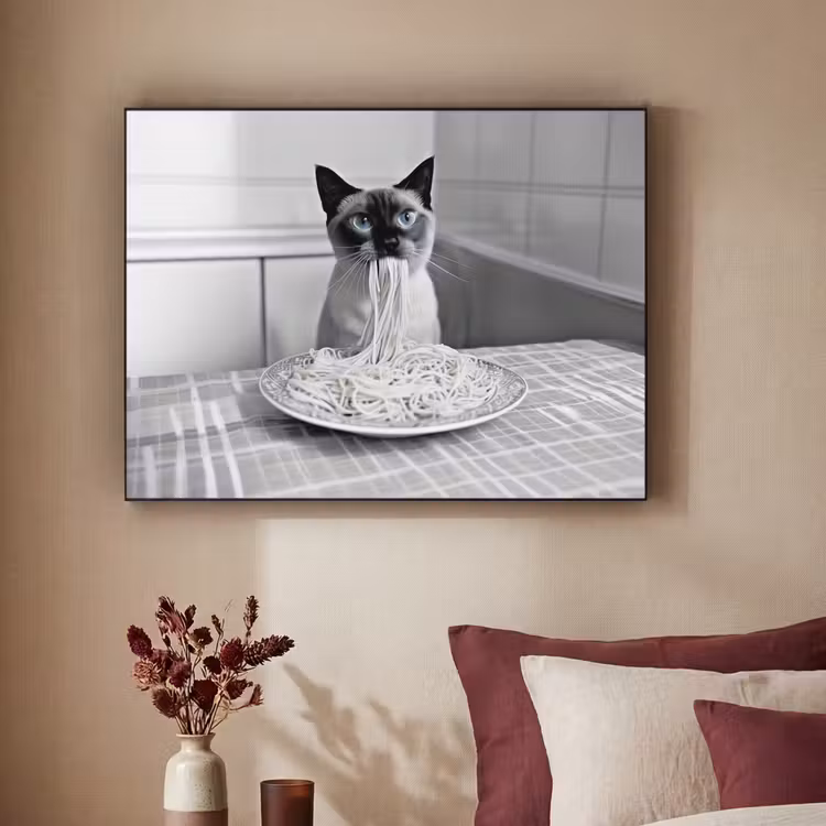 Kat - Siamees - Zwart Wit - Schattig - Dieren Textielframe - compleet frame klein -sfeer1