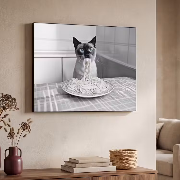 Kat - Siamees - Zwart Wit - Schattig - Dieren Textielframe zwart klein -sfeer3