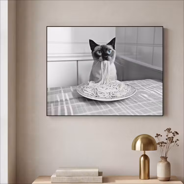Kat - Siamees - Zwart Wit - Schattig - Dieren Textielframe - compleet frame klein -sfeer2