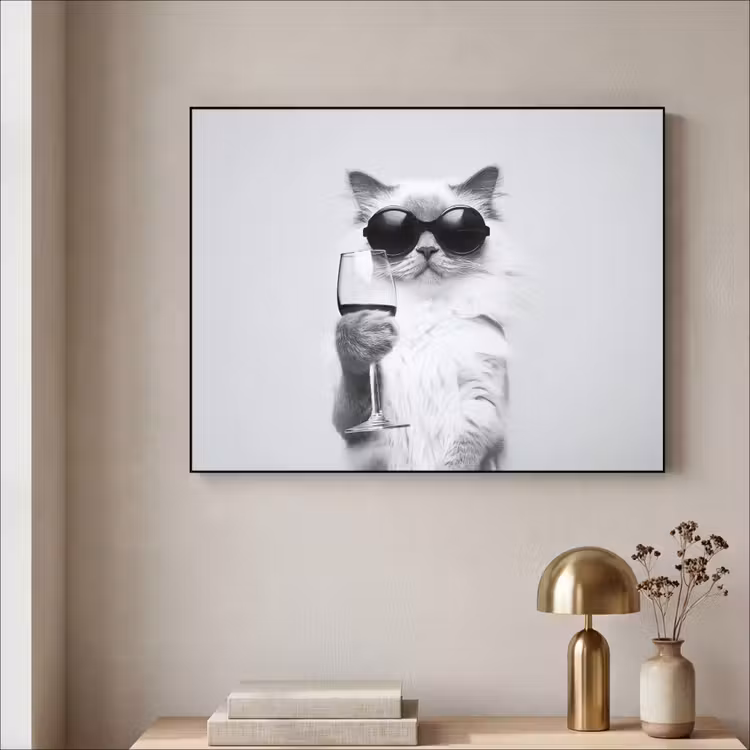 Kat - Zonnebril - Wijnglas - Langharig Textielframe zwart klein -sfeer2