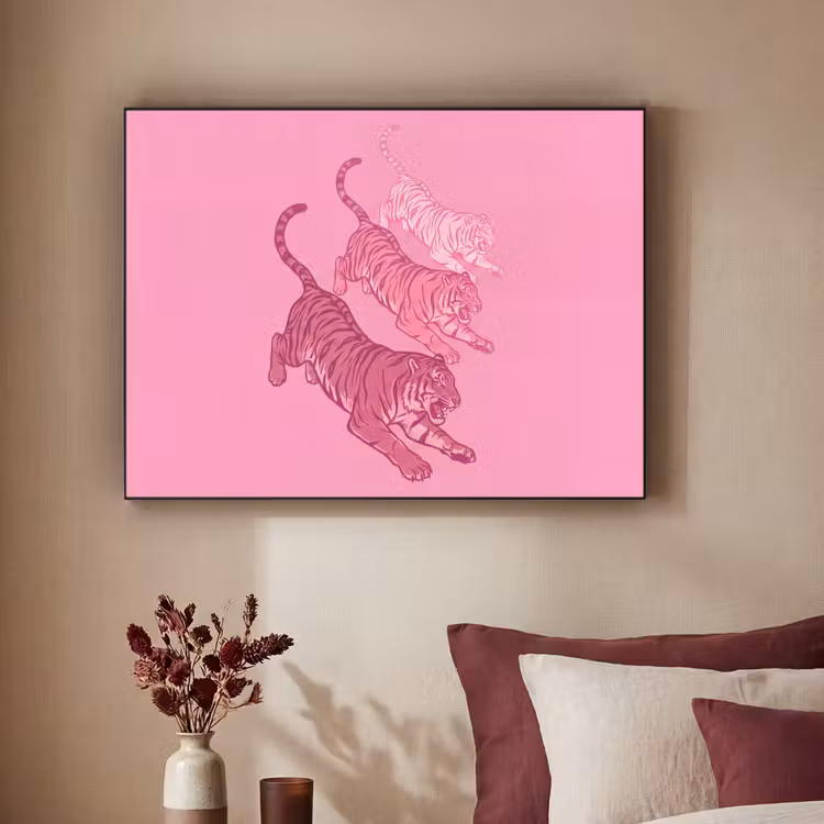 Kat - Springend - Dieren - Roze - Modern Textielframe zwart klein -sfeer1
