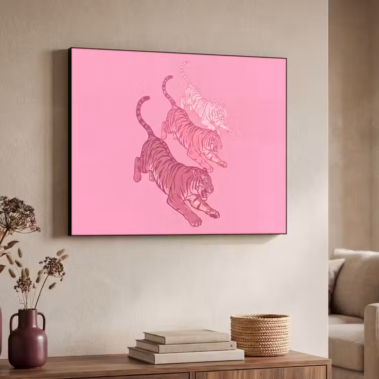 Kat - Springend - Dieren - Roze - Modern Textielframe zwart klein -sfeer3