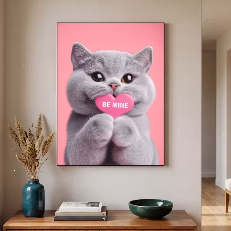 Kat - Valentijn - Roze - Liefde Textielframe zwart klein -sfeer1