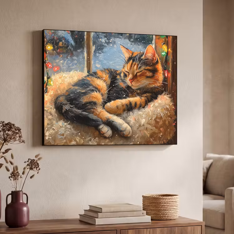 Kat - Kerst - Winter - Dier Textielframe zwart klein -sfeer3