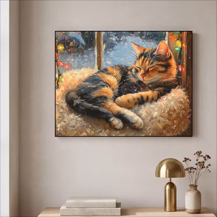 Kat - Kerst - Winter - Dier Textielframe zwart klein -sfeer2