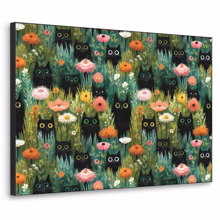 Katten - Bloemen - Kleurrijk Textielframe zwart klein 947 -3d