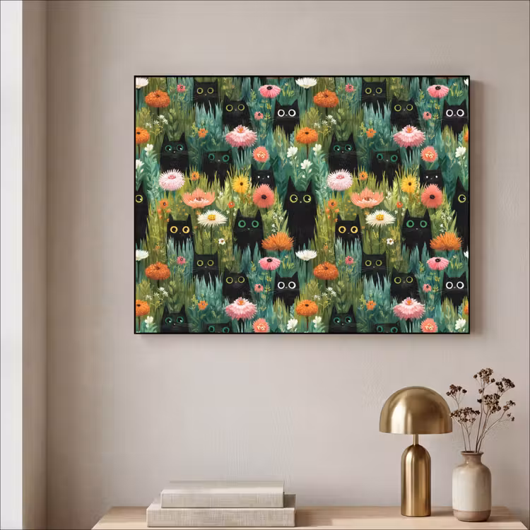 Katten - Bloemen - Kleurrijk Textielframe zwart klein 947 -sfeer2