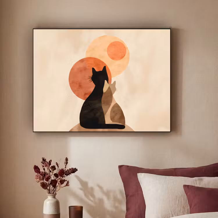 Katten - Zwart - Abstract - Cirkels Textielframe zwart klein -sfeer1