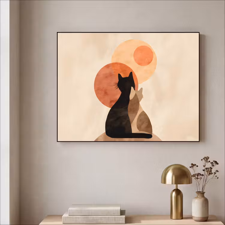 Katten - Zwart - Abstract - Cirkels Textielframe - compleet frame klein -sfeer2