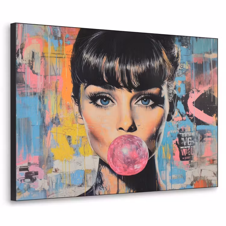 Kauwgom - Vrouw - Penseelstreken - Modern Textielframe zwart klein -3d