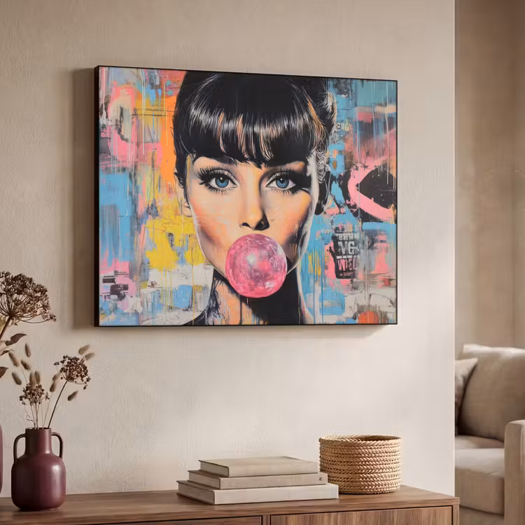 Kauwgom - Vrouw - Penseelstreken - Modern Textielframe zwart klein -sfeer3