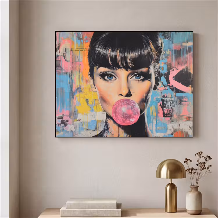 Kauwgom - Vrouw - Penseelstreken - Modern Textielframe zwart klein -sfeer2