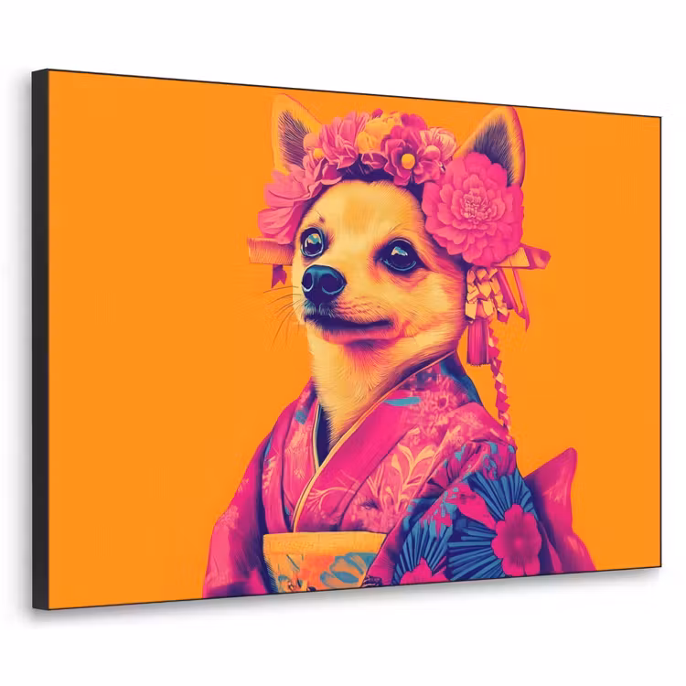 Kimono - Hondje - Bloemenkroon - Oranje Textielframe - compleet frame klein -3d
