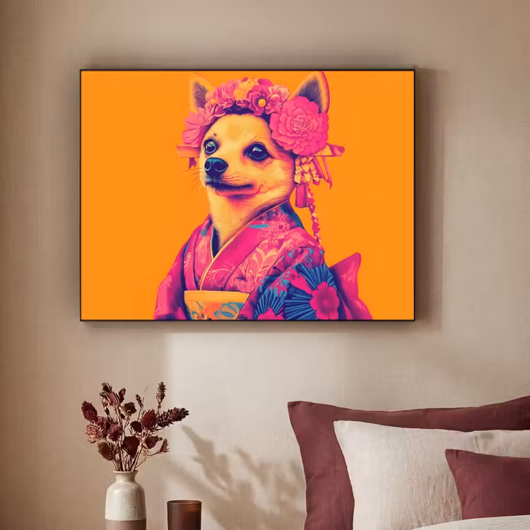 Kimono - Hondje - Bloemenkroon - Oranje Textielframe zwart klein -sfeer1