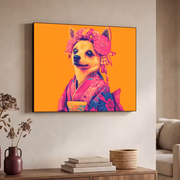 Kimono - Hondje - Bloemenkroon - Oranje Textielframe - compleet frame klein -sfeer3