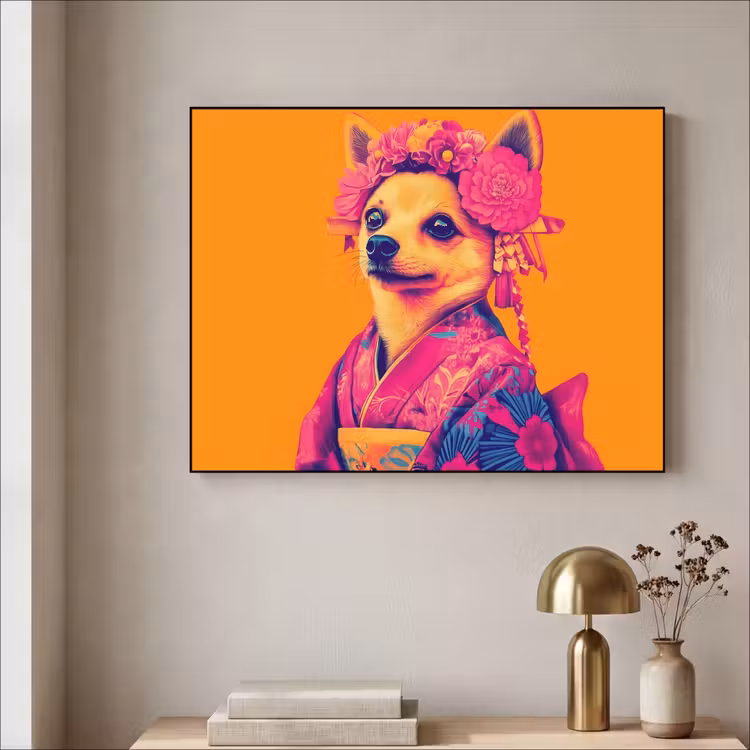 Kimono - Hondje - Bloemenkroon - Oranje Textielframe zwart klein -sfeer2