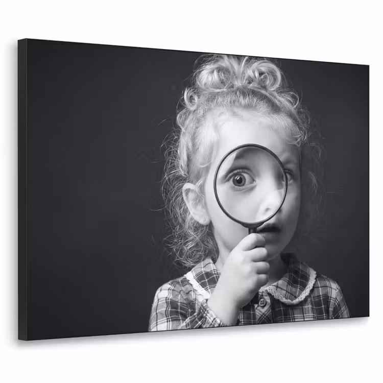 Kind - Vergrootglas - Portret - Zwart-wit Textielframe zwart klein -3d