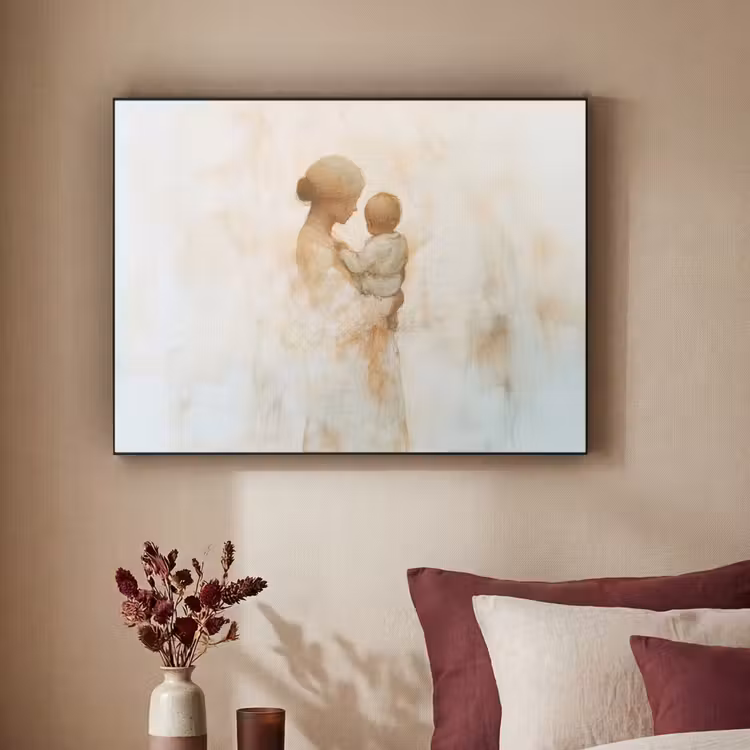 Kind - Moeder - Waterverfschilderij Textielframe zwart klein -sfeer1