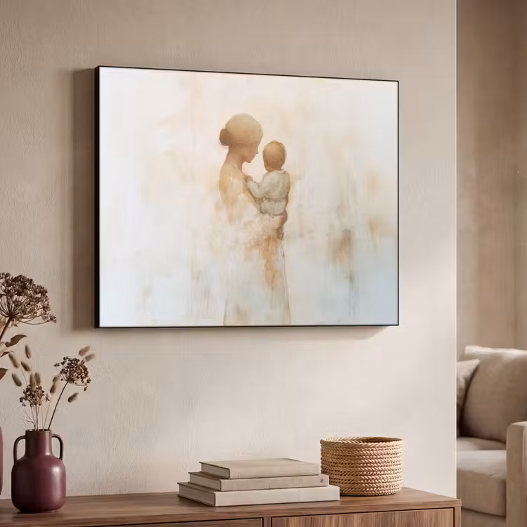 Kind - Moeder - Waterverfschilderij Textielframe zwart klein -sfeer3