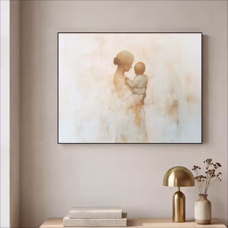 Kind - Moeder - Waterverfschilderij Textielframe zwart klein -sfeer2