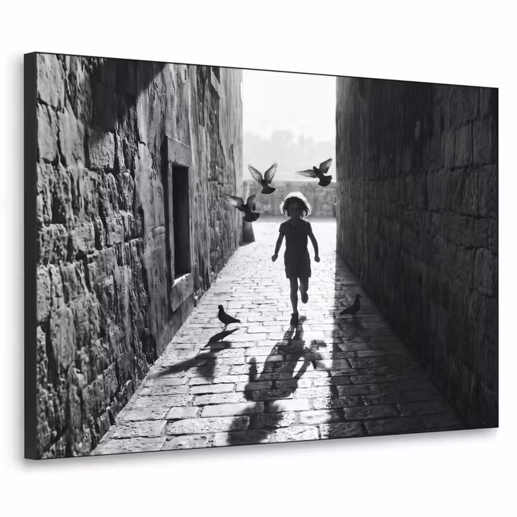 Kind - Vogel - Straat - Zwart-wit - Spelen Textielframe zwart klein -3d