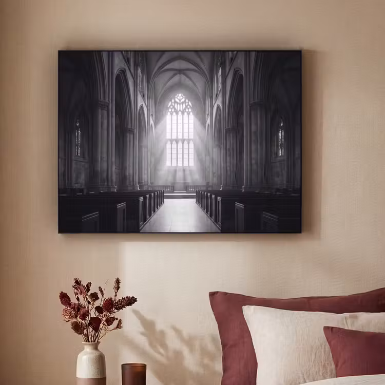 Kerk - Interieur - Lichtstralen - Architectuur - Klassiek Textielframe zwart klein -sfeer1