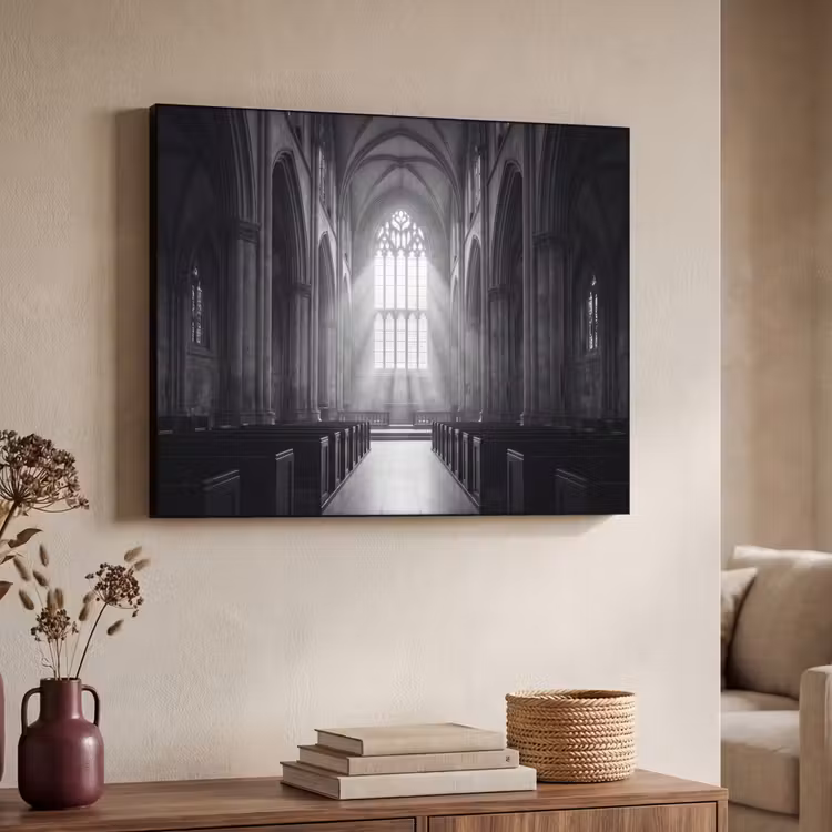 Kerk - Interieur - Lichtstralen - Architectuur - Klassiek Textielframe zwart klein -sfeer3