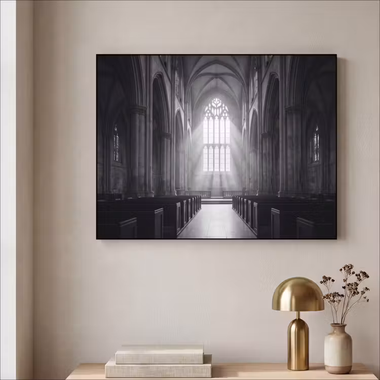 Kerk - Interieur - Lichtstralen - Architectuur - Klassiek Textielframe zwart klein -sfeer2