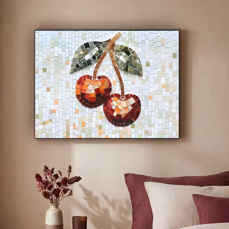 Kersen - Rood - Mozaïek - Blaadjes Textielframe - compleet frame klein -sfeer1
