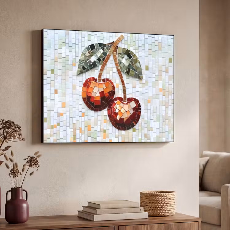 Kersen - Rood - Mozaïek - Blaadjes Textielframe zwart klein -sfeer3