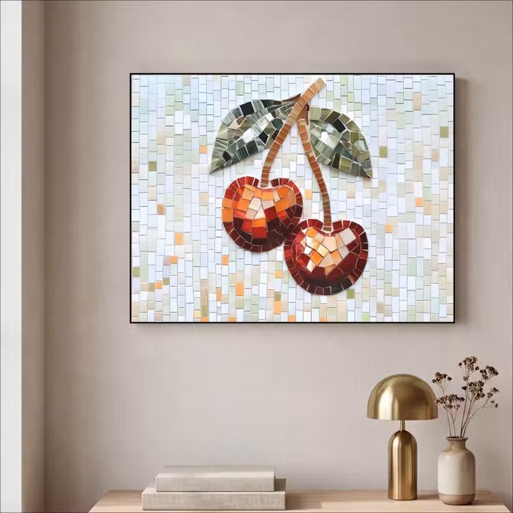 Kersen - Rood - Mozaïek - Blaadjes Textielframe zwart klein -sfeer2