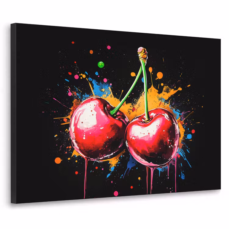 Kersen - Fruit - Graffiti - Verf - Abstract - Modern - Kleurrijk Textielframe zwart klein -3d