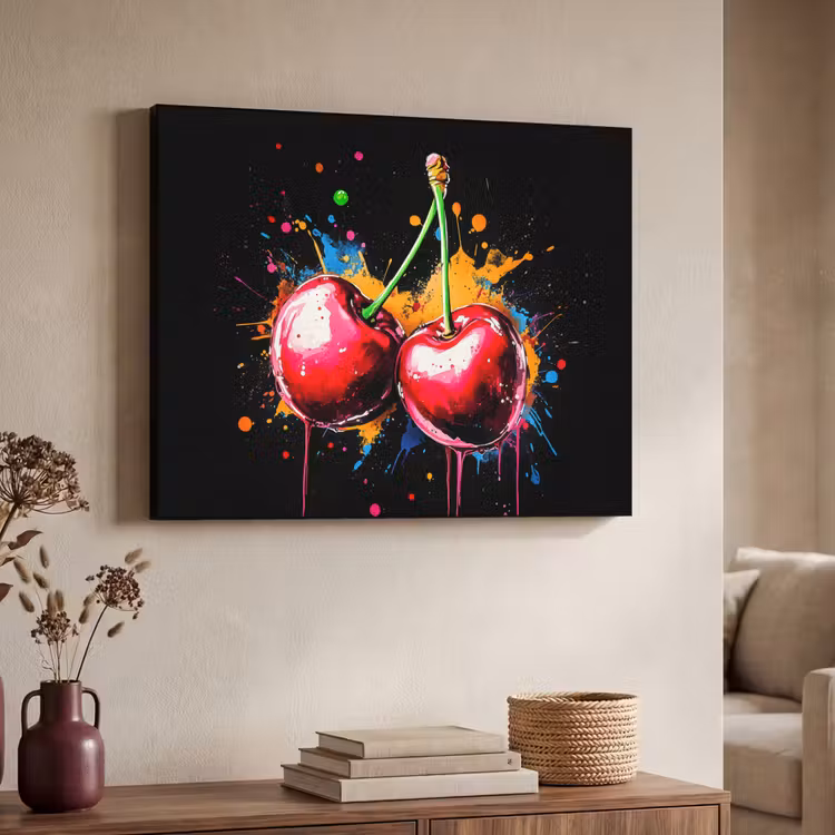 Kersen - Fruit - Graffiti - Verf - Abstract - Modern - Kleurrijk Textielframe - compleet frame klein -sfeer3