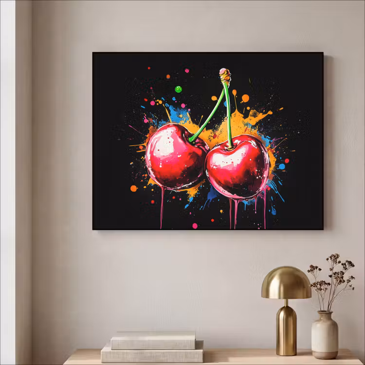 Kersen - Fruit - Graffiti - Verf - Abstract - Modern - Kleurrijk Textielframe zwart klein -sfeer2