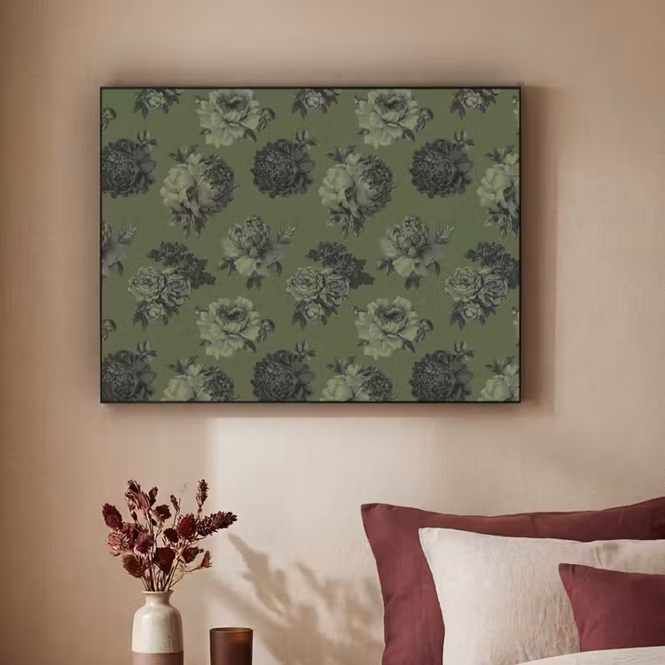 Klassiek - botanisch - olijfgroen - bloemen Textielframe zwart klein 947 -sfeer1