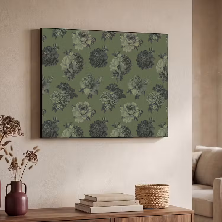 Klassiek - botanisch - olijfgroen - bloemen Textielframe zwart klein 947 -sfeer3