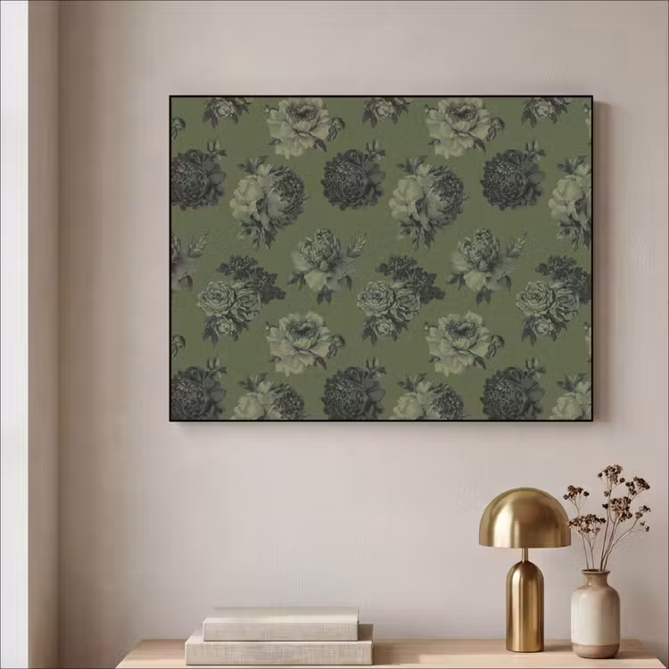 Klassiek - botanisch - olijfgroen - bloemen Textielframe zwart klein 947 -sfeer2