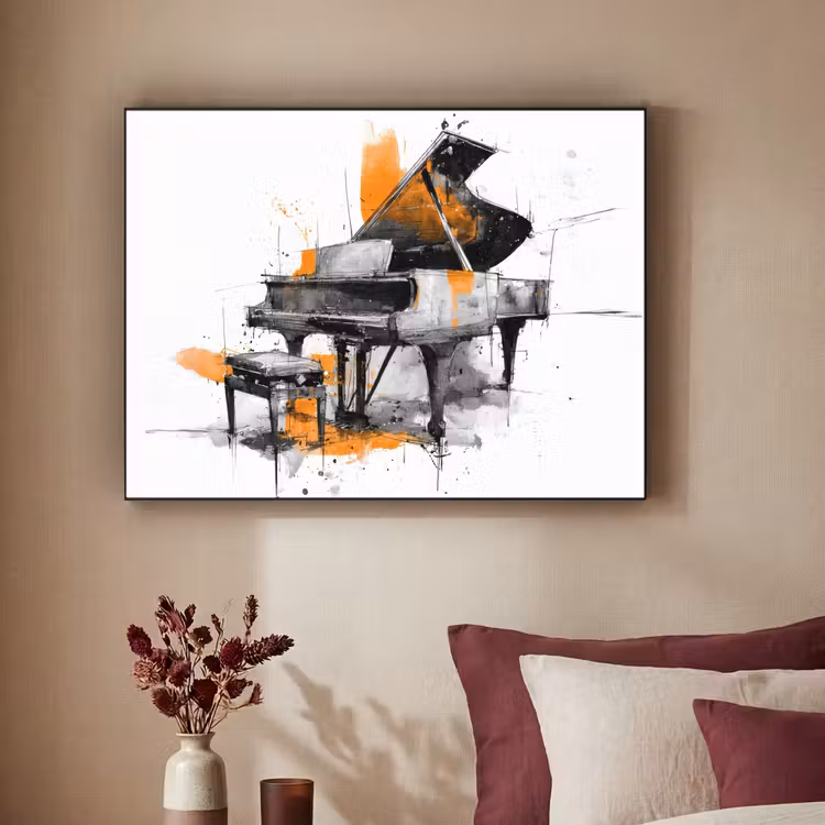 Piano - Oranje - Zwart - schets lijnen Textielframe - compleet frame klein -sfeer1