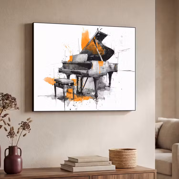 Piano - Oranje - Zwart - schets lijnen Textielframe zwart klein -sfeer3
