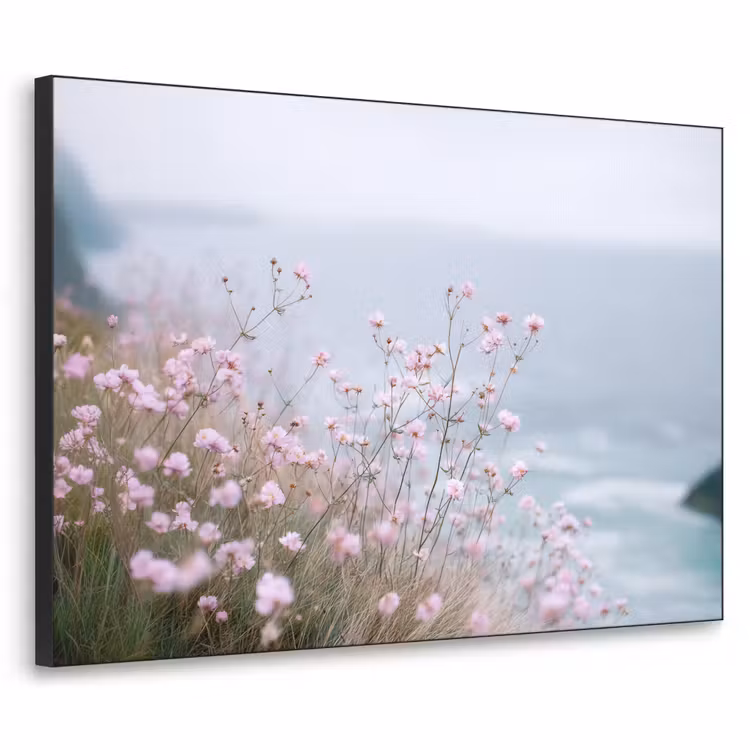 Klif - Bloemen - Zee - Roze Textielframe zwart klein -3d