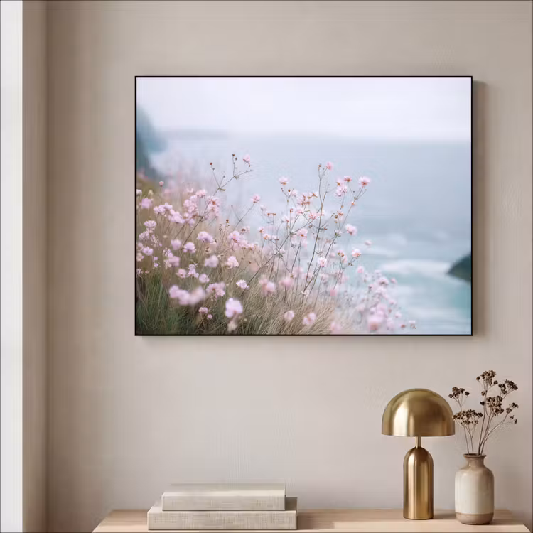 Klif - Bloemen - Zee - Roze Textielframe zwart klein -sfeer2