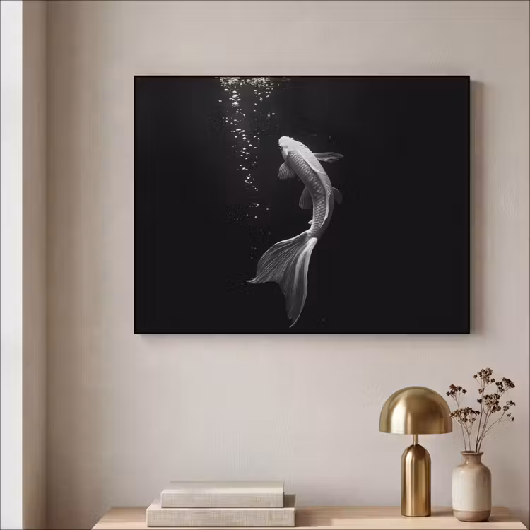 Koi - Vis - Wit - Zwart Textielframe zwart klein -sfeer2
