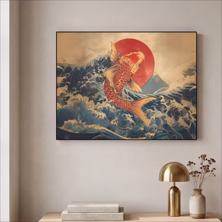 Koi - Zee - Golven - Zon Textielframe zwart klein -sfeer2