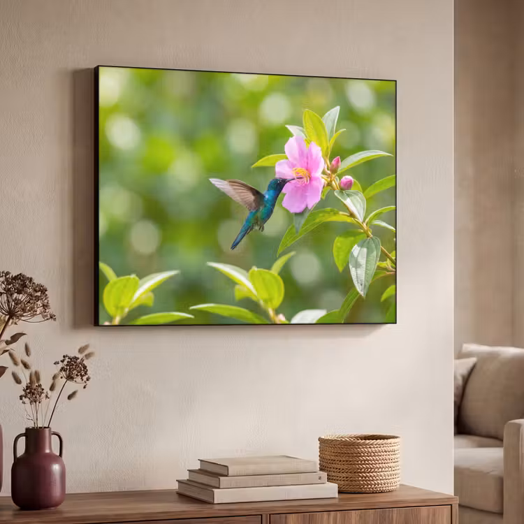 Kolibrie - Bloem - Natuur - Groen Textielframe zwart klein -sfeer3