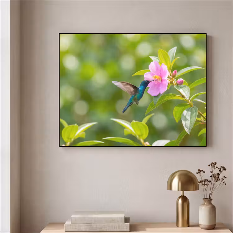 Kolibrie - Bloem - Natuur - Groen Textielframe zwart klein -sfeer2