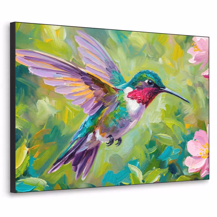 Kolibrie - Bloemen - Natuur - Kleurrijk Textielframe zwart klein -3d