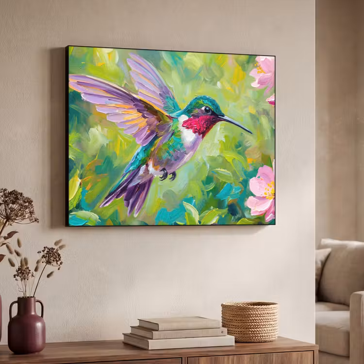 Kolibrie - Bloemen - Natuur - Kleurrijk Textielframe zwart klein -sfeer3
